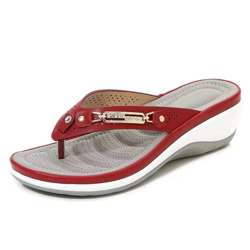 2023 Women's Slippers Summer New Fashion Metal Button Slides Shoes Wedge Beach Sandals Women Outside Platform Leisure Flip Flops Pi-Mart