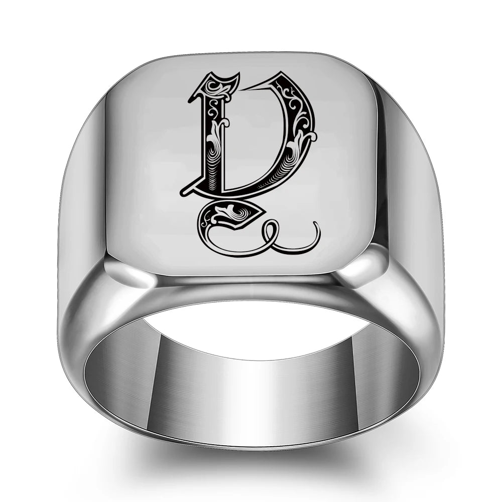 Fashion 26 English Initial Titanium Steel male Ring for Men Retro Punk Party Jewelry Pi-Mart