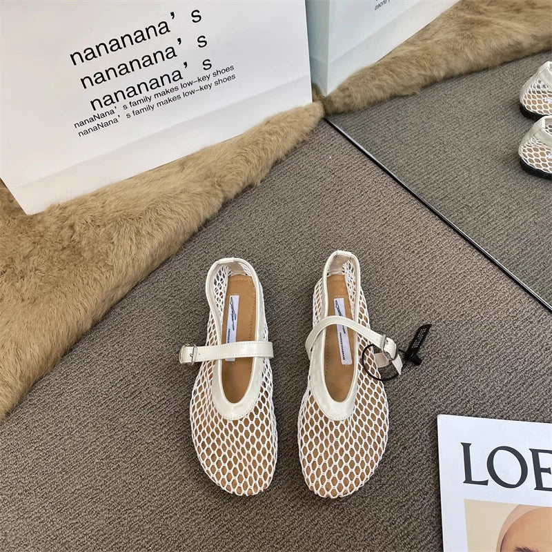 Women's Mary Jane Flats 2026 New Hollow Out Mesh Breathable Fishnet Ankle Strap Casual Summer Sandals LadyShow.Store