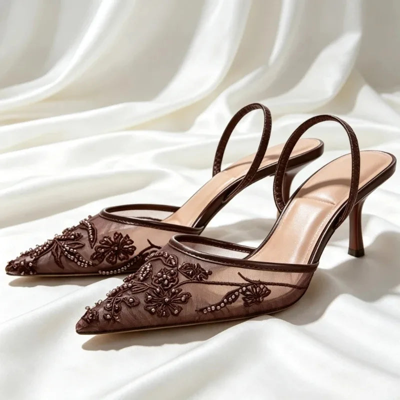Mesh Embroider String Bead Detail High Heels Women Sexy Brown Pointed Toe Back Strap Heeled Sandals Summer Elegant Women Shoes LadyShow.Store