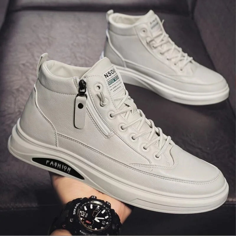 Men Boots Autumn High Top Leather Casual Shoes Fashion Cotton Shoes Flat Ankle Boots Business Outdoor Shoes Man Sneakers New Pi-Mart