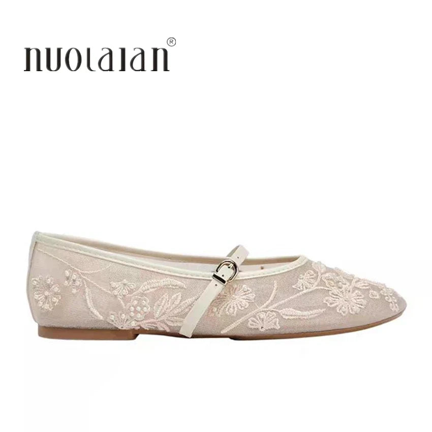 Mesh Embroidery String Bead Design Women Ballet Flats Fashion Buckle Breathable Mary Jane Shoe Comfort Low Heel Soft Flat Sandal LadyShow.Store