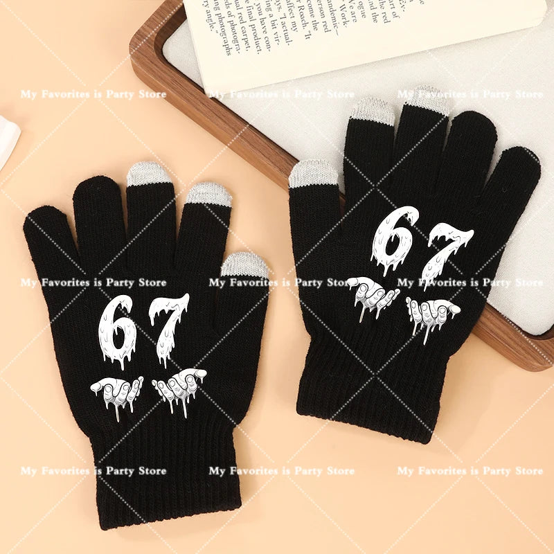 Funny 67 Six Seven Winter Gloves Touch Screen Gloves Fnafs Warm Stretch Knit Mittens Imitation Wool Full Finger Crochet Thicken Pi-Mart