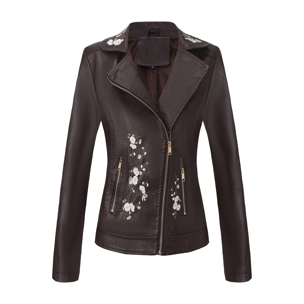 New Fall Women's Black Faux Leather Jacket; White Floral Embroidered PU Coat; Dark Brown Motorcycle-style Top. Pi-Mart