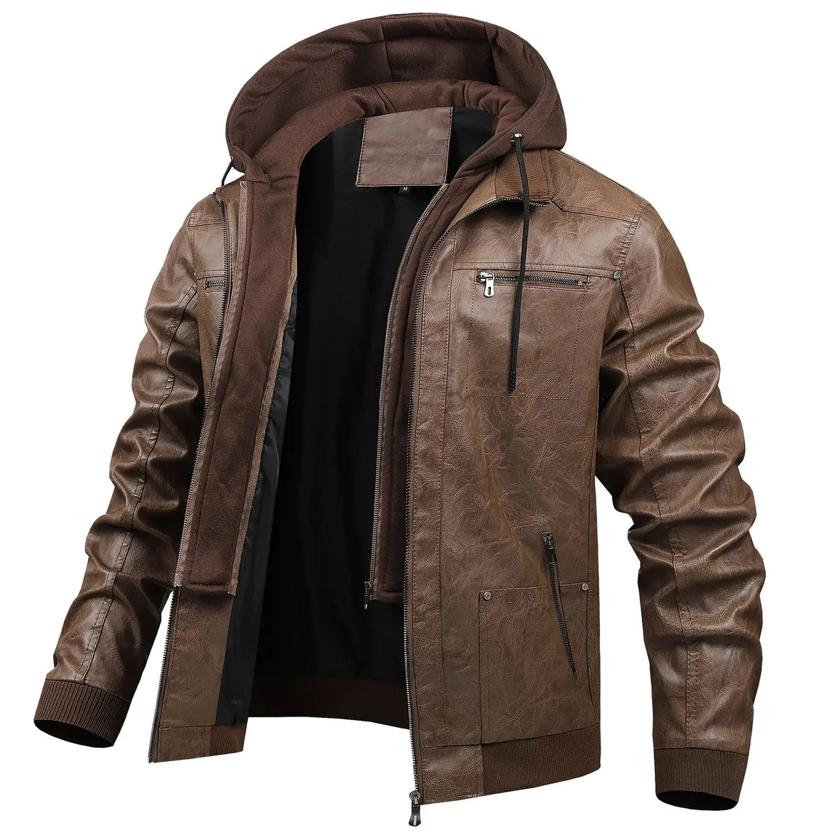 US Size Luxury Quality PU Jacket Men New Winter Faux Two-Piece Hooded Leather Jacket Casual Coat Pi-Mart