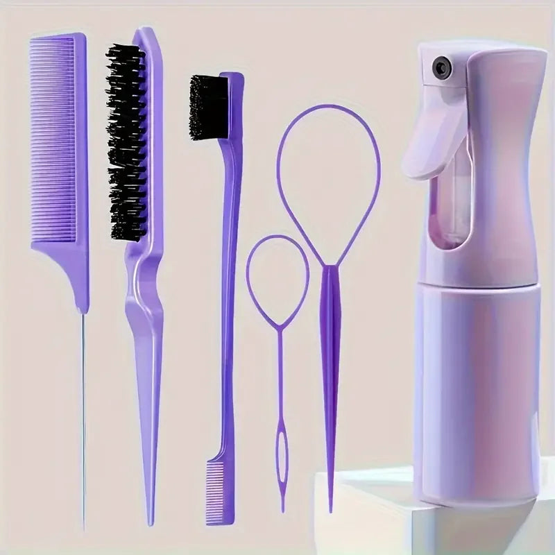 6pcs/Set Hair Brush Set Hairdressing Spray Bottle Hair Braiding Loop Rat Tail Comb Teasing Hair Brsuh Edge Control Hair Brush Tri Light Beauty