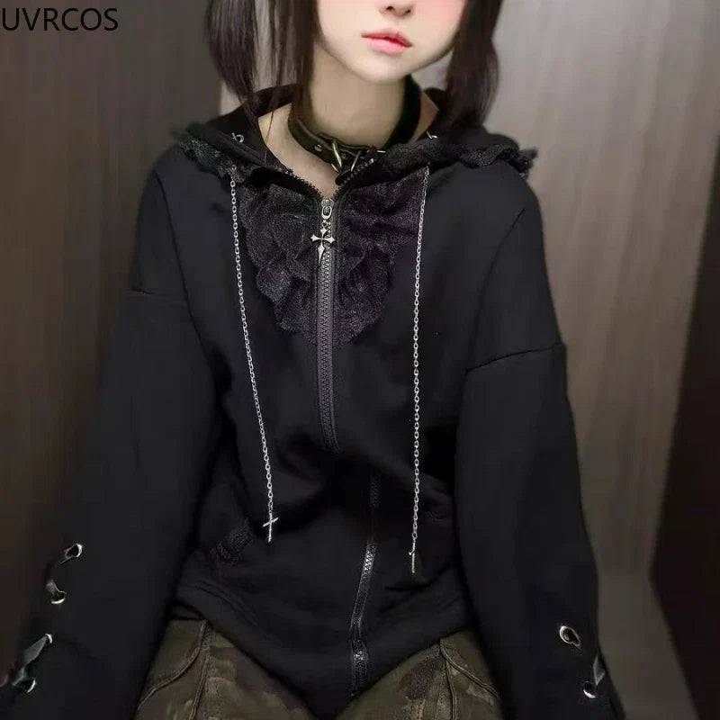Japanese Kawaii Cat Ears Hooded Hoodies Women Y2k Aesthetic Grunge Casual Bandage Zipper Sweatshirt Fashion Trend Sportswear Top LadyShow.Store