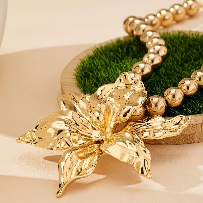 1pc Boho Beaded Chain Metal Large Volume Flower Pendant Necklace for Women Daily Occasion Party Evening Wear Pi-Mart