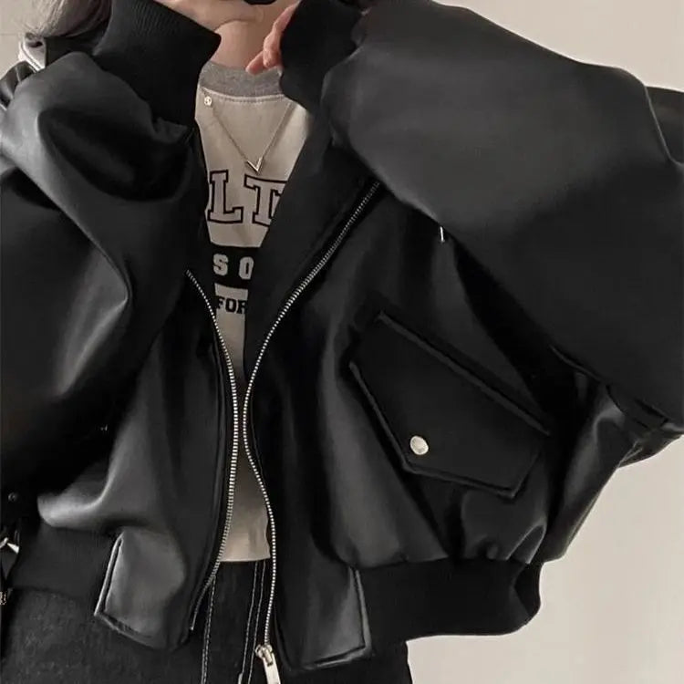Korean High-end Black PU Leather Jacket Women Fashion Hooded Loose Spring Autumn Zipper Fake Two-Piece Versatile Outerwear LadyShow.Store