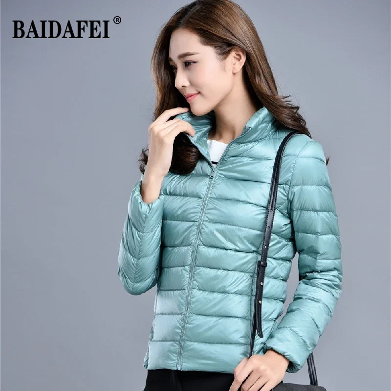 Women Short Puffer Jacket 2025 New Fashion Stand Collar Lightweight Water-Resistant Packable Female Down Parka Casual Coat LadyShow.Store