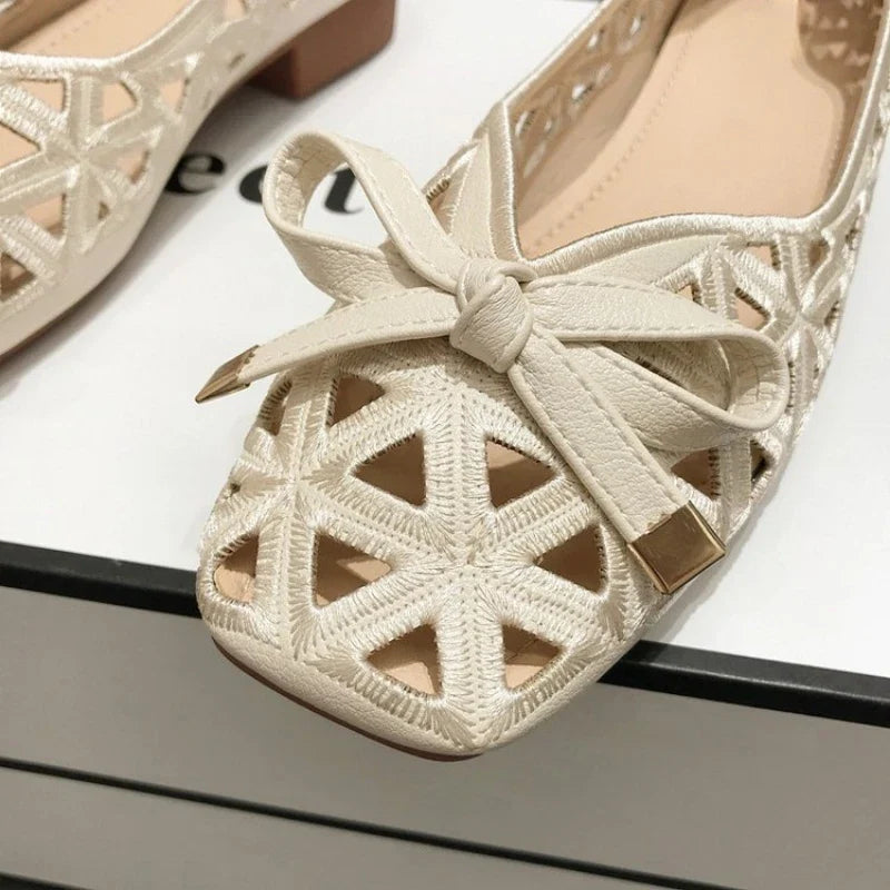 New French Style Bow Flat Sandals Women Geometric Cut-Out Peep-Toe Breathable Summer Beige Shoes for Dresses, Office and Casual LadyShow.Store