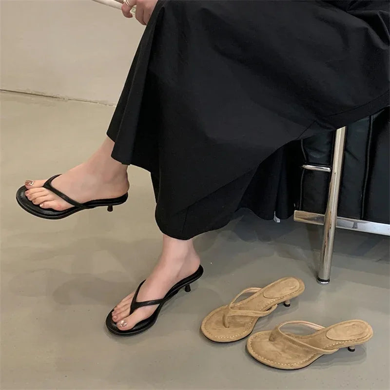 Aneikeh 2026 Fashion Thin Heels Slippers Women Round Clip Toe Slides Sandals Summer Flip Flops Female Shoes Mules Slides LadyShow.Store