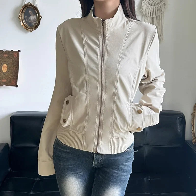 Women Jacket Pocketd Long Sleeve dCasual Zipper Coats Slim Fit Turn Down Collar Solid Outwear Elegant Lady Autumn 2024 LadyShow.Store