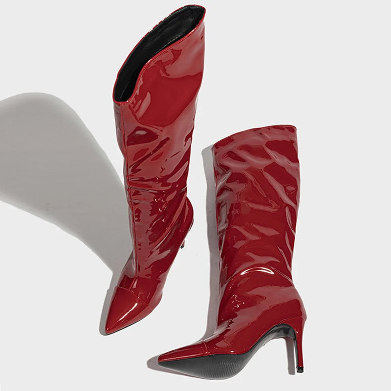 Liyke Fashion Runway Pleated Patent Leather Boots Female Pointed Toe Stiletto Heels Pumps Autumn Winter Knee High Shoes Women Pi-Mart