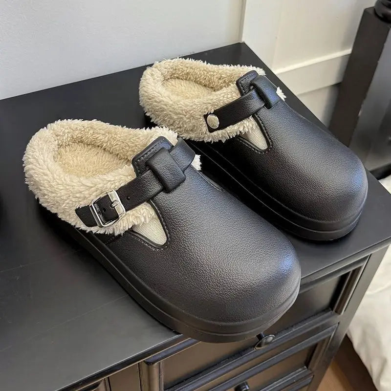 Waterproof Eva Furry Mules Slippers Women 2025 Winter Metal Buckle Warm Plush Slippers Soft Thick Bottom Non Slip Indoor Slides LadyShow.Store