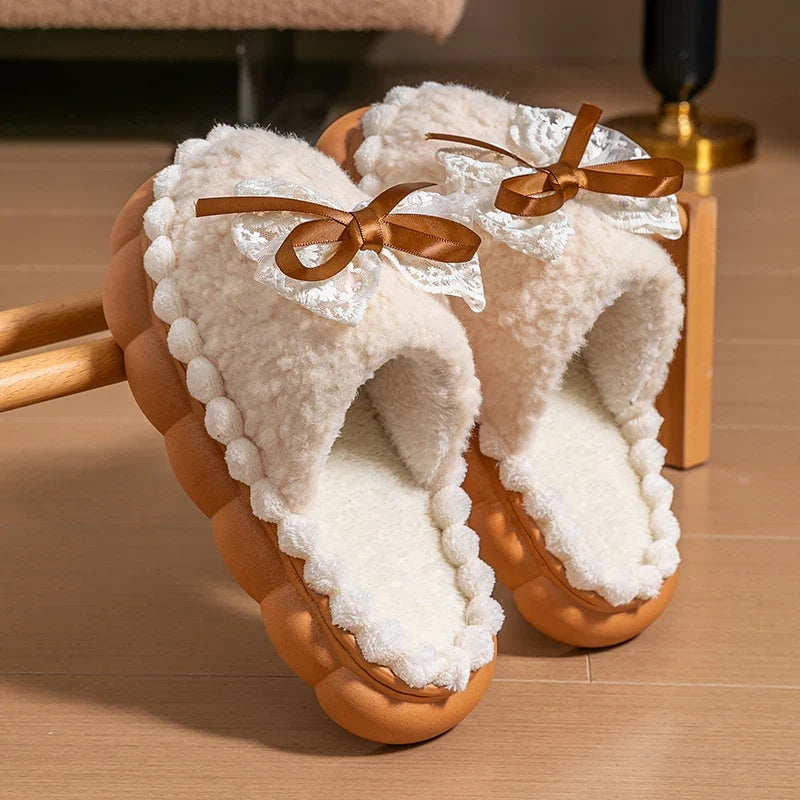 Winter Warm Fur Slippers For Women Thick-Soled Household Slippers Cute Bow Non Slip Soft Home Shoes Indoor Plush Women's Slipper LadyShow.Store