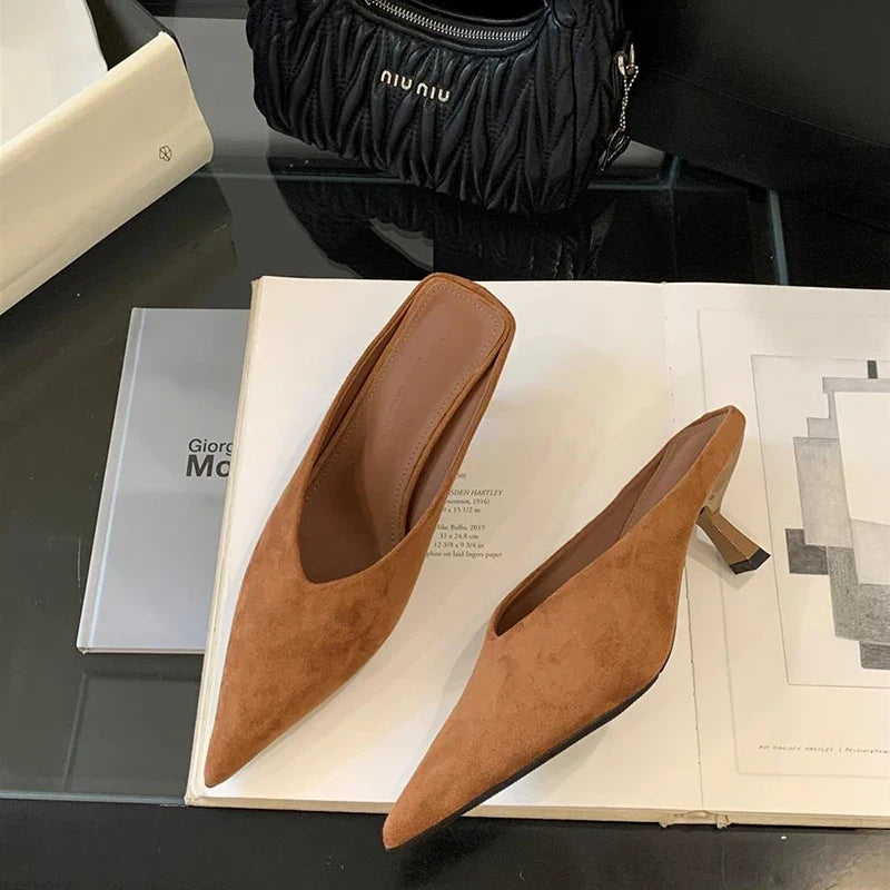 Summer Fashion Thin Mid Heels Women Slippers Elegant Pointed Toe Party Dress Mule Slides Shoes Zapatos Mujer LadyShow.Store