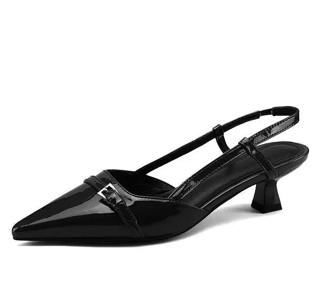 2024 New Summer Women's Dress Shoes Patent Leather Slip on Pointed Toe Sandals Buckle Slingbacks Mid Heels Pumps Sandalias Mujer LadyShow.Store