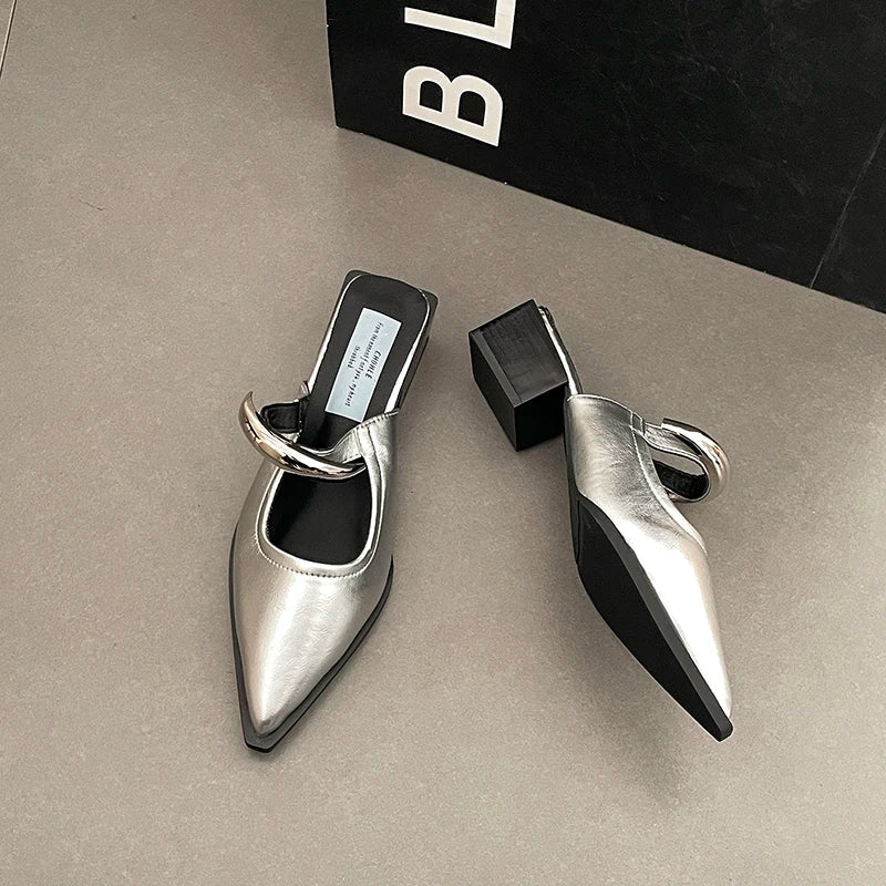 Summer Women Cover Toe Mules Slippers Fashion Metal Decoration Thick Heel Slide Shoes Comfort Street Style Footwear LadyShow.Store