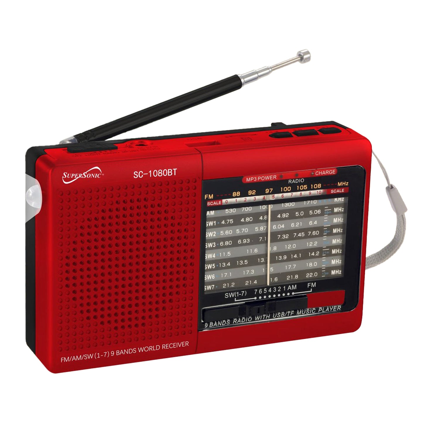 Supersonic 9 Band Radio with Bluetooth in Red LuxuryLifeWay Online Store