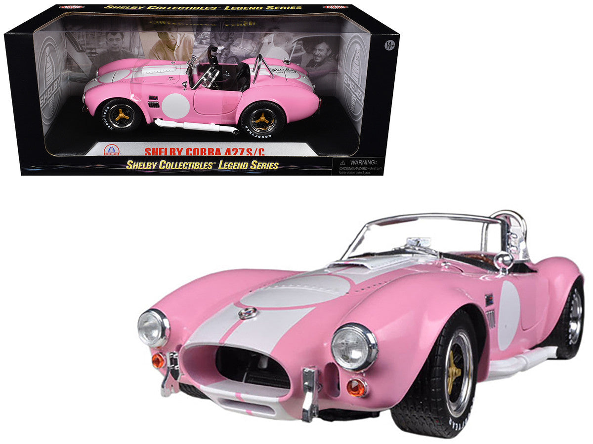 1965 Shelby Cobra 427 S/C Pink with White Stripes with Printed Carroll Shelby Signature's on the Trunk 1/18 Diecast Model Car by Shelby Collectibles LuxuryLifeWay Online Store