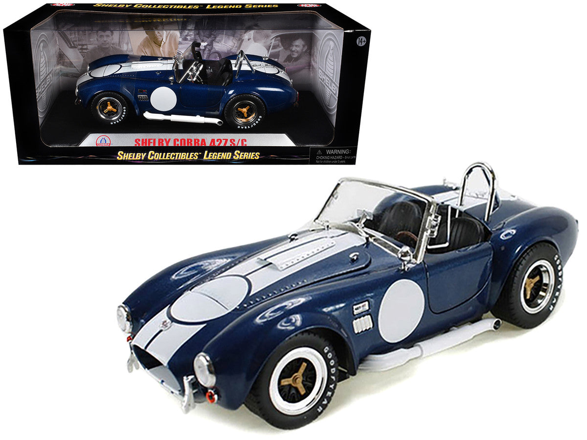1965 Shelby Cobra 427 S/C Dark Blue Metallic with White Stripes with Printed Carroll Shelby's Signature on the Trunk 1/18 Diecast Model Car by Shelby Collectibles LuxuryLifeWay Online Store