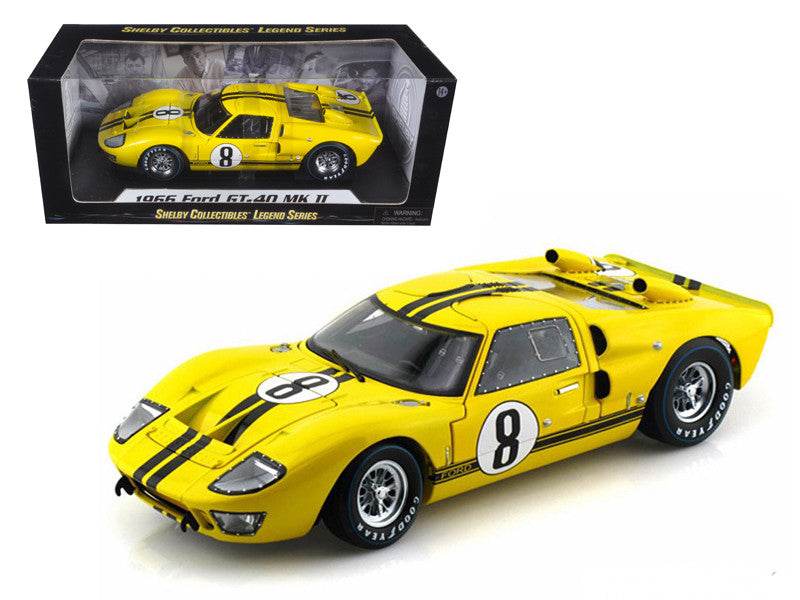 1966 Ford GT-40 MK II #8 Yellow with Black Stripes 1/18 Diecast Model Car by Shelby Collectibles LuxuryLifeWay Online Store