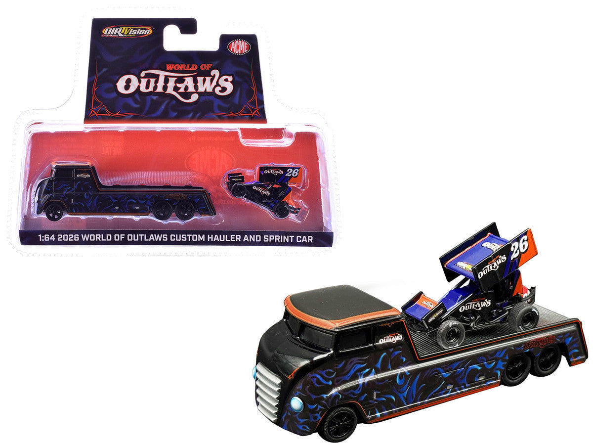 "World Of Outlaws 2026" Winged Sprint Car #26 Black with Stripes and Custom Hauler Black with Graphics 1/64 Diecast Model Cars by ACME LuxuryLifeWay Online Store