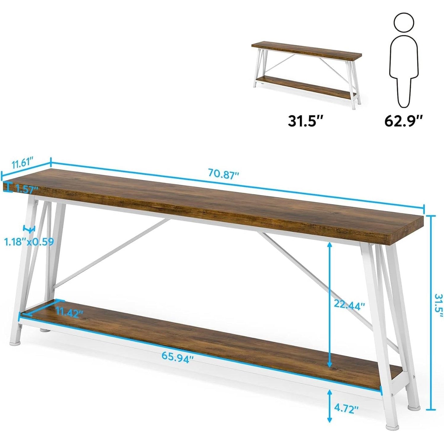 Heavy Duty 70-inch Industrial Brown Wood Top Sofa Table with White Metal Frame LuxuryLifeWay Online Store