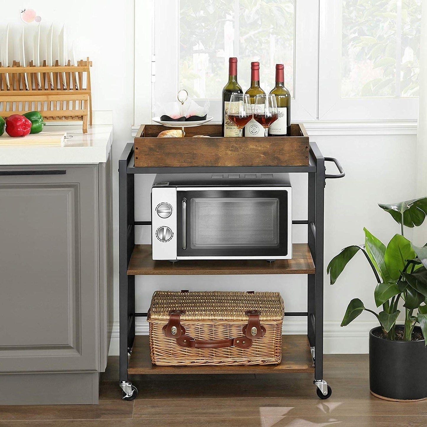 Farmhouse 3-Tier Kitchen Microwave Cart with Serving Tray on Wheels LuxuryLifeWay Online Store