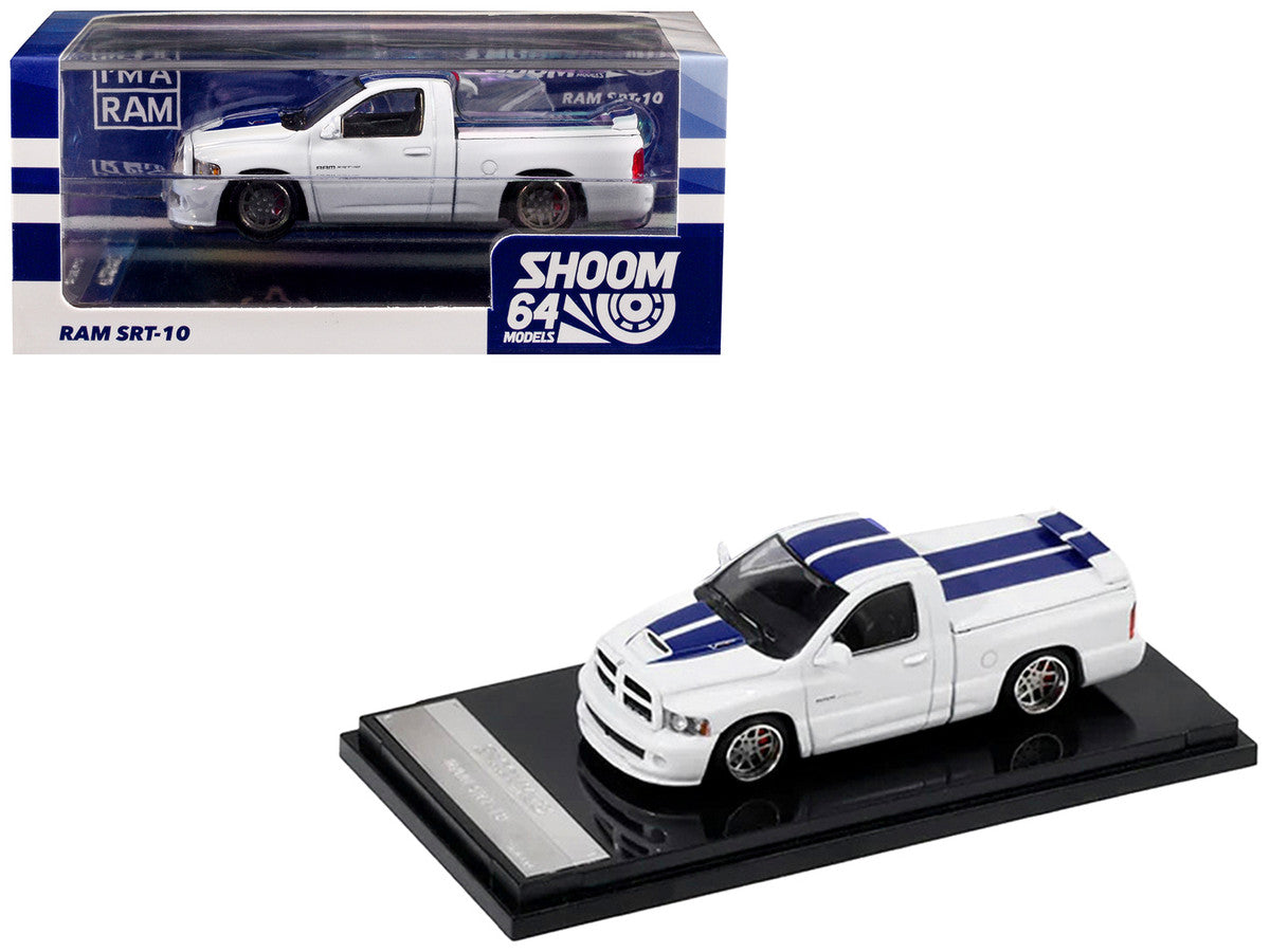 2003 Dodge Ram SRT-10 Pickup Truck White with Blue Stripes 1/64 Diecast Model Car by Shoom64 Models LuxuryLifeWay Online Store