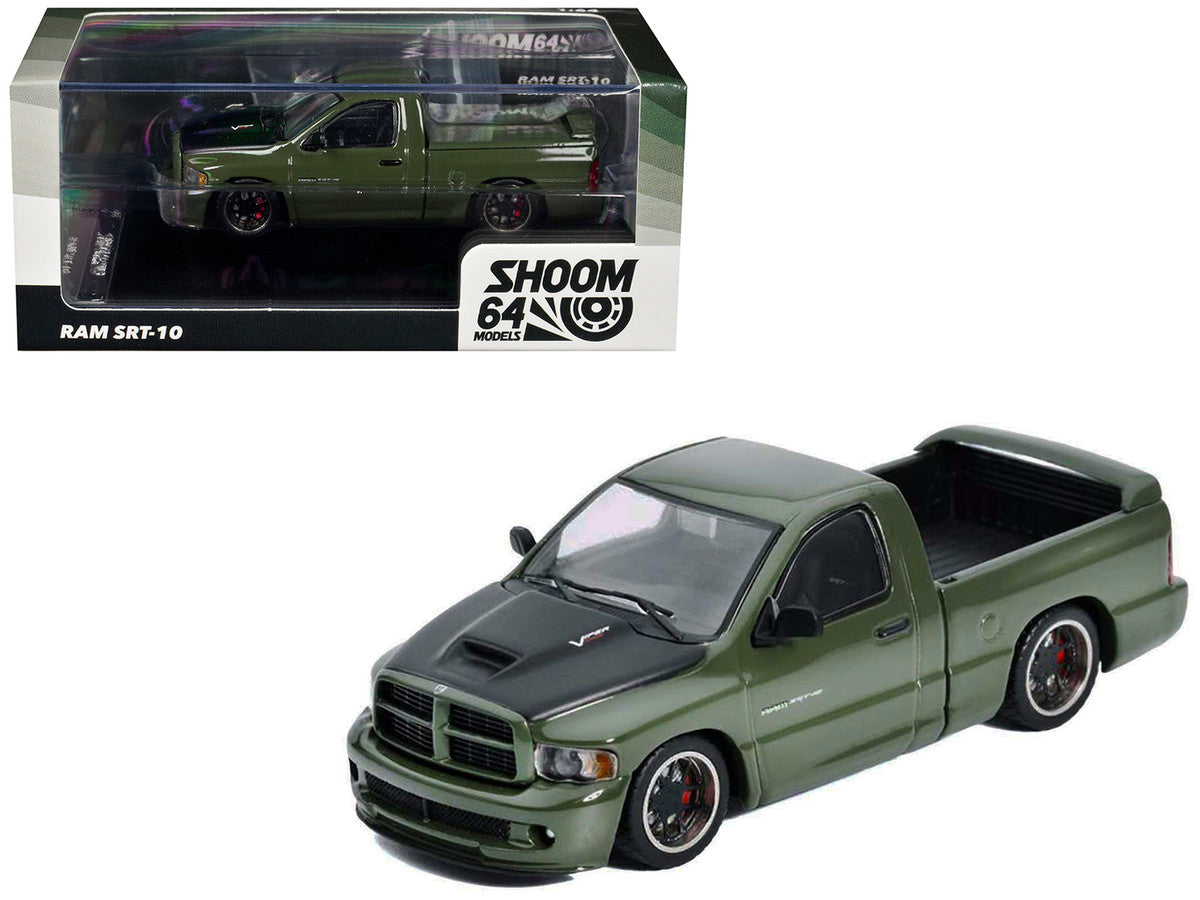 2003 Dodge Ram SRT-10 Pickup Truck Green Metallic with Matt Black Hood 1/64 Diecast Model Car by Shoom64 Models LuxuryLifeWay Online Store