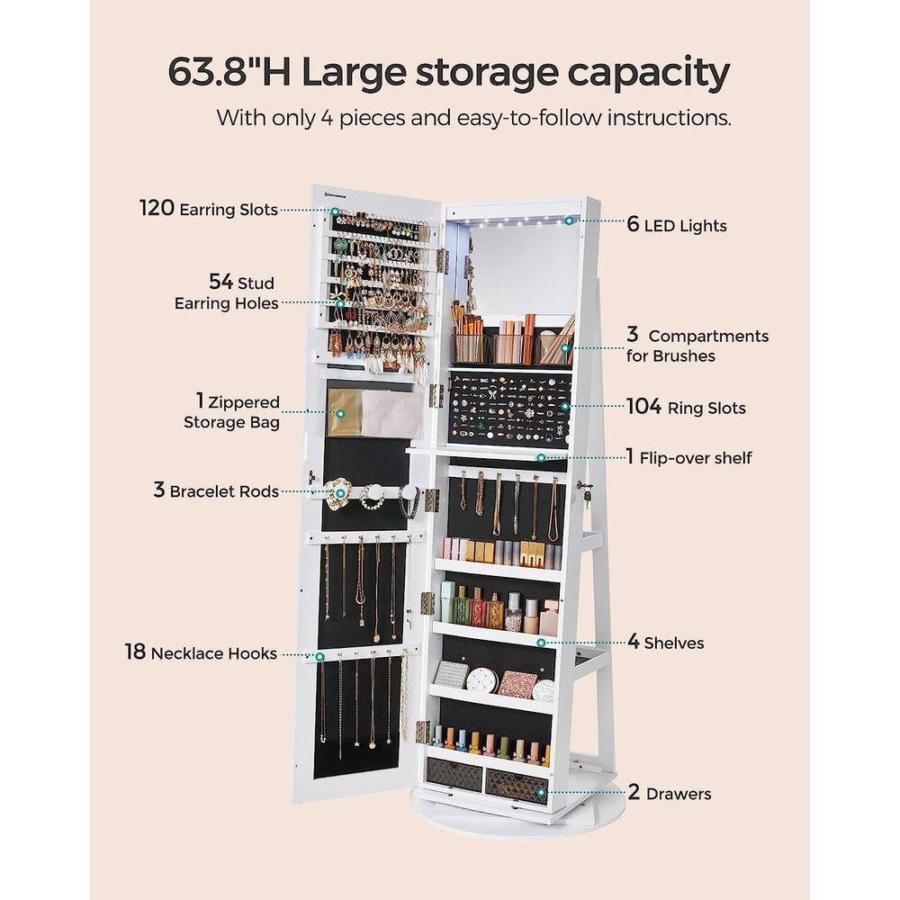 White Jewelry Cabinet Armoire Organizer Freestanding Rotating Mirror LuxuryLifeWay Online Store