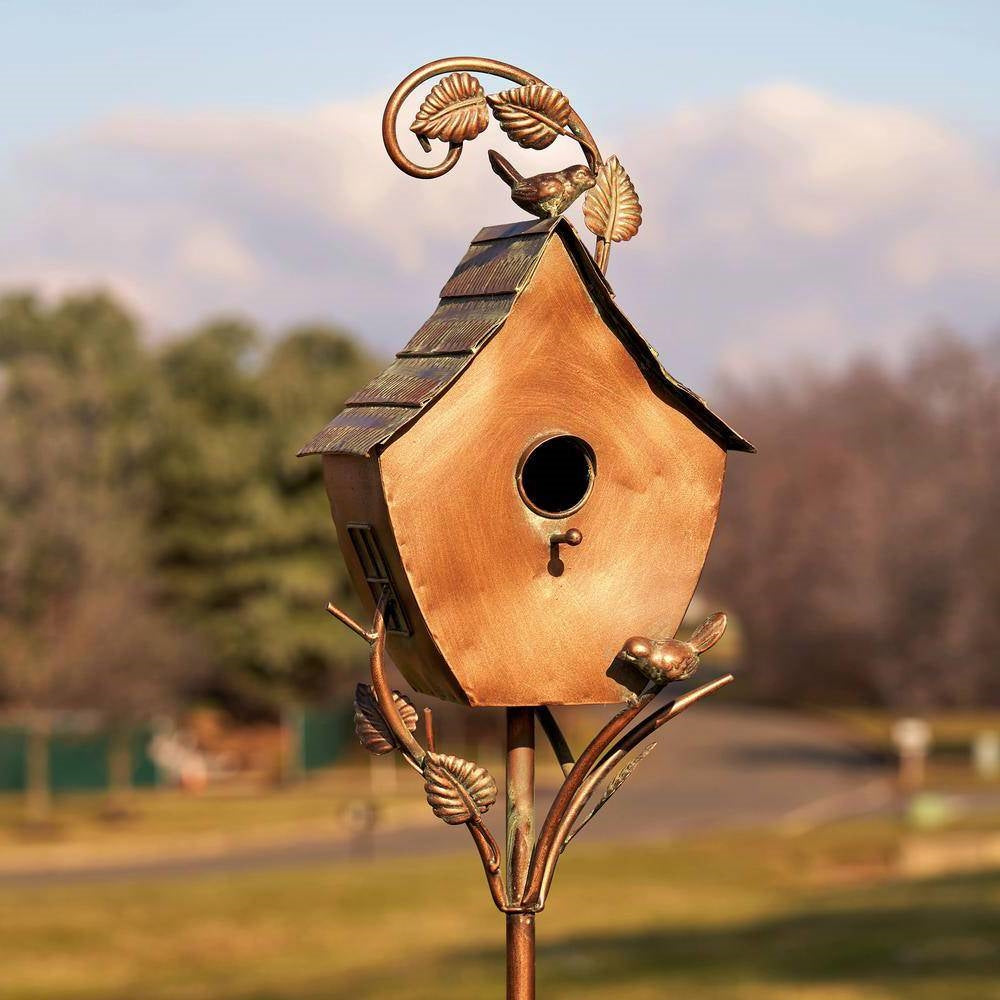 Outdoor Powder Coated Iron Birdhouse with 3-Prong Garden Stake in Copper Finish LuxuryLifeWay Online Store