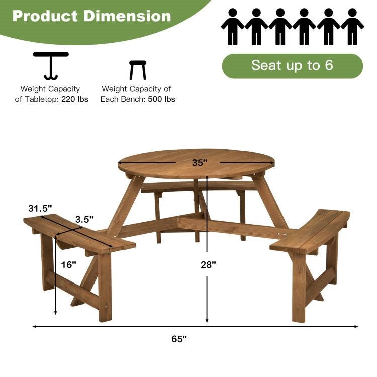 Outdoor Solid Wood Round Picnic Table Set with Umbrella Hole and 3 Benches LuxuryLifeWay Online Store