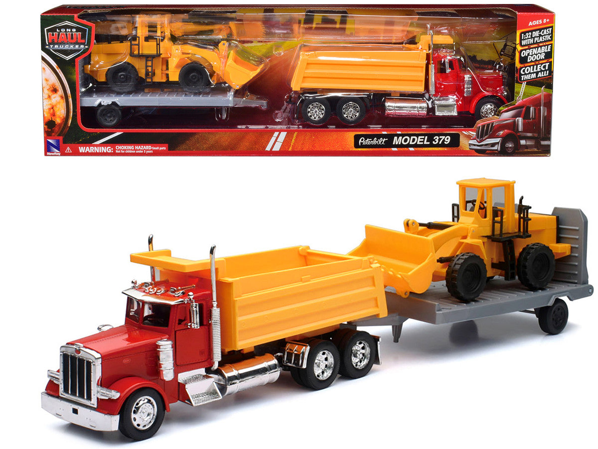 Peterbilt 379 Dump Truck Red and Wheel Loader Yellow with Flatbed Trailer "Long Haul Truckers" Series 1/32 Diecast Model by New Ray LuxuryLifeWay Online Store