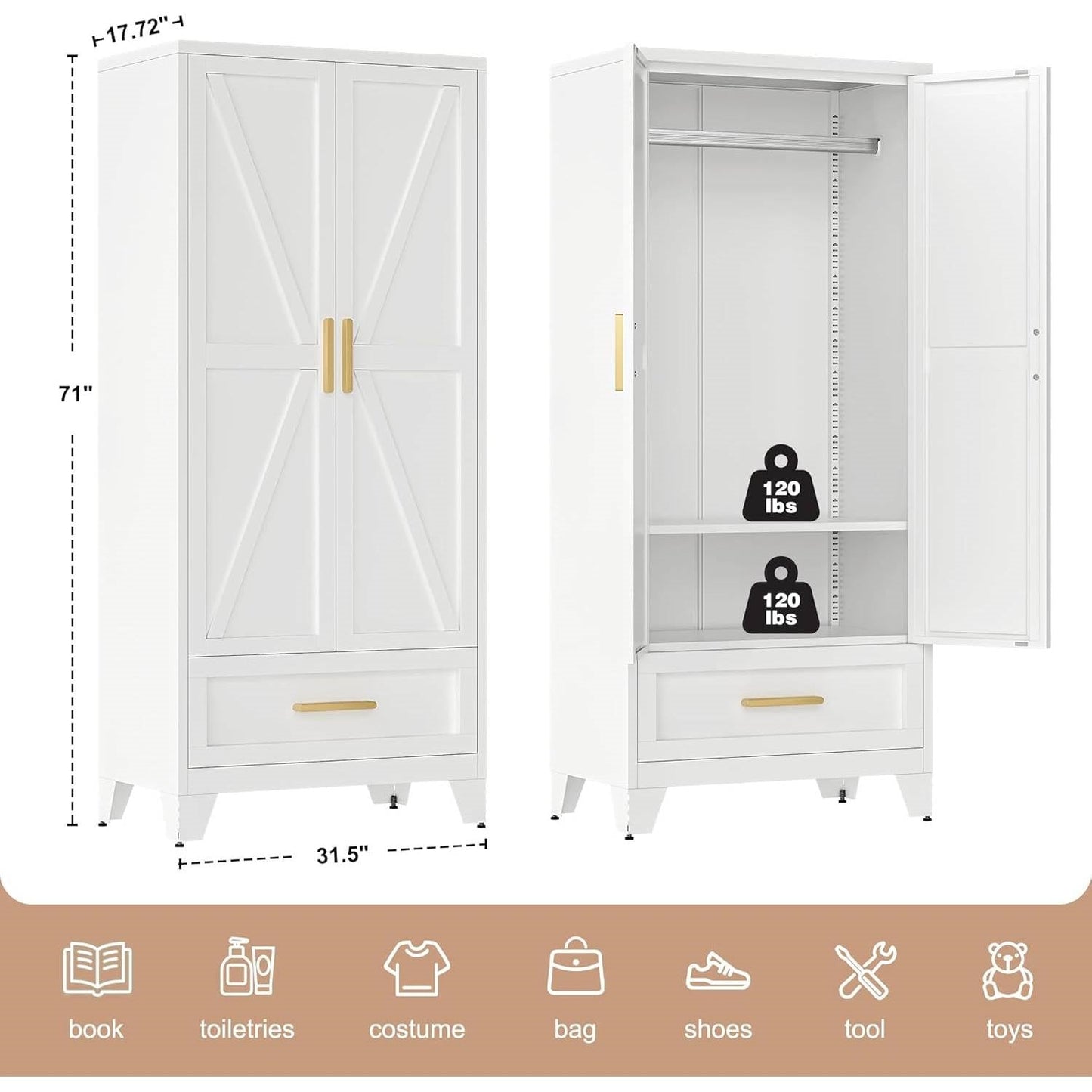 White 2-Door Wardrobe Armoire Cabinet with Storage Drawer and Hanging Rod LuxuryLifeWay Online Store