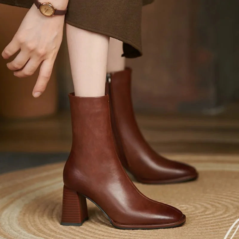 2024 Autumn and Winter New Fashion Square Head Retro High Thick Heel Side Zipper Skinny Short Boots Women's All-match Nude Boots Pi-Mart