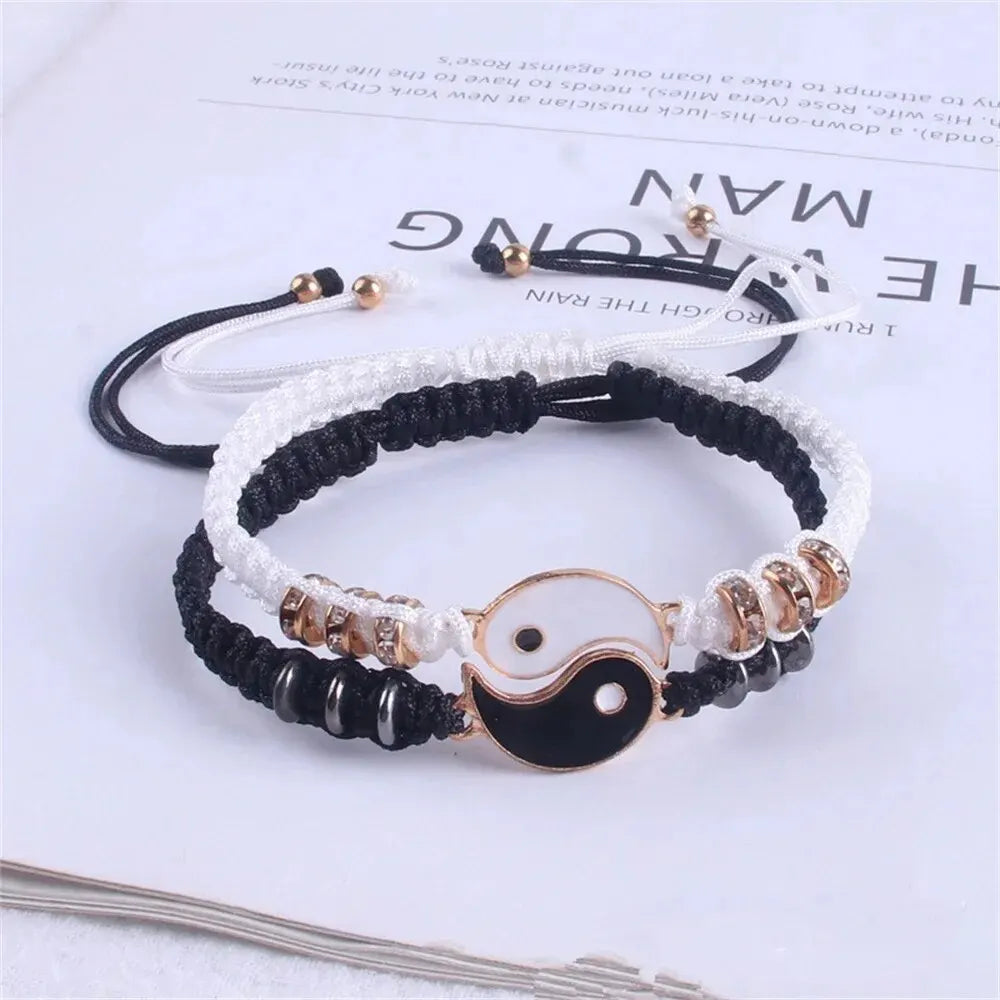2 PC Jewelry Set Couple Black White Tai Chi Bracelet Rope Adjustable Chain Set Simple Style Daily Wear Jewelry Pi-Mart