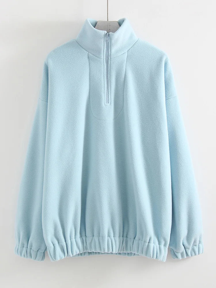Women Velvet Sweatshirts With Half Zipper Long Sleeve Pink Warm Pullover Female Loose Yellow Sweatshirts For Women Zip Blue Tops LadyShow.Store