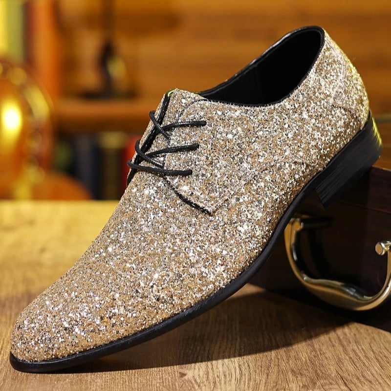 Luxury Men Dress Shoes Gold Silver Sequin Wedding Shoes High Quality Lace-Up Oxford Shoes Fashion Designer Men Flats Large Size Pi-Mart