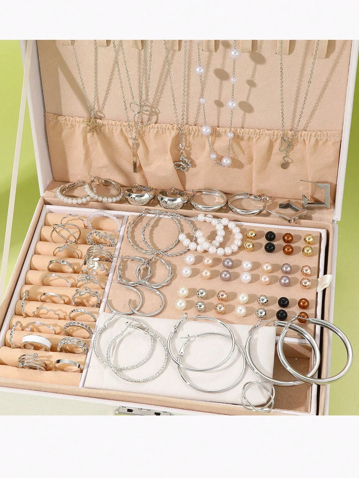 86pcs/Set Elegant Pearl Earrings Multi-Layered Necklace Ear Studs Rings 4-In-1 Jewelry Set For Women Daily Wear Gift (No Box) Pi-Mart