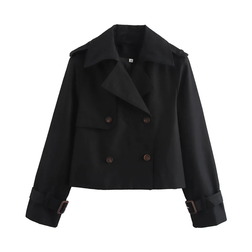 Ladies Vintage Cropped Trench Spring Autumn Jacket Women Streetwear Double Breasted Long Sleeve Top Female Chic Coat Outfits Pi-Mart