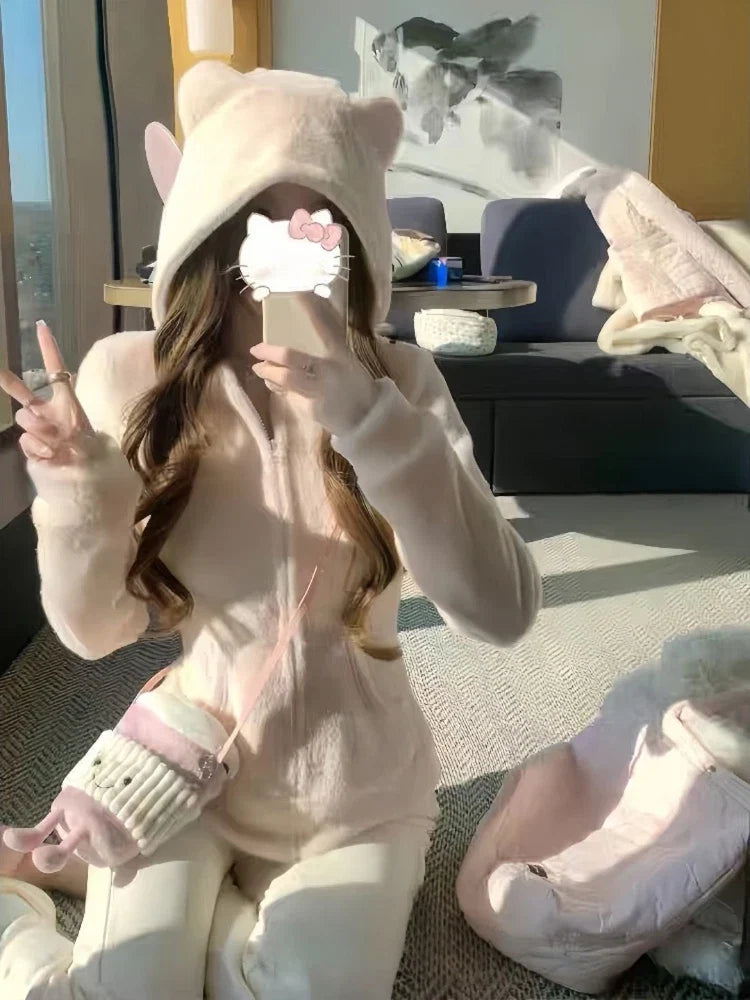 2025 Kawaii Plush Hoodie Women Bear Ear Zip Jacket Soft Warm Fleece Coat Korean Sweet Girl Winter Outerwear Cute Fashion Trend LadyShow.Store