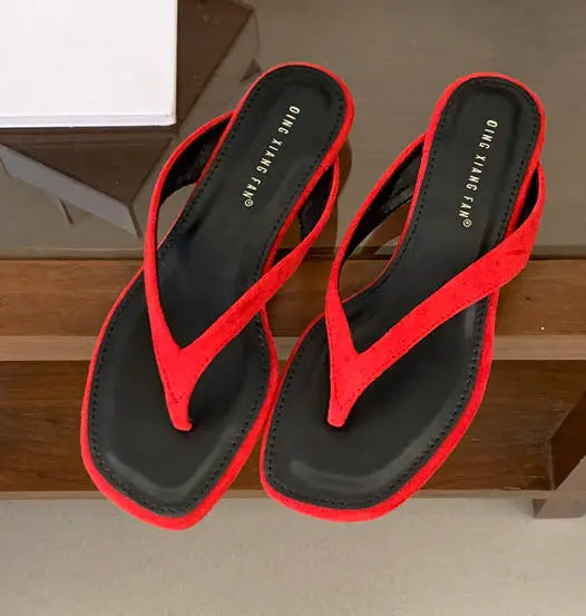 ZAROY Red Women's Flip Flops Summer Slippers Square Clip Toe Thin Low Heels Casual Beach Mules Slides Thongs Sandals Zapatos LadyShow.Store