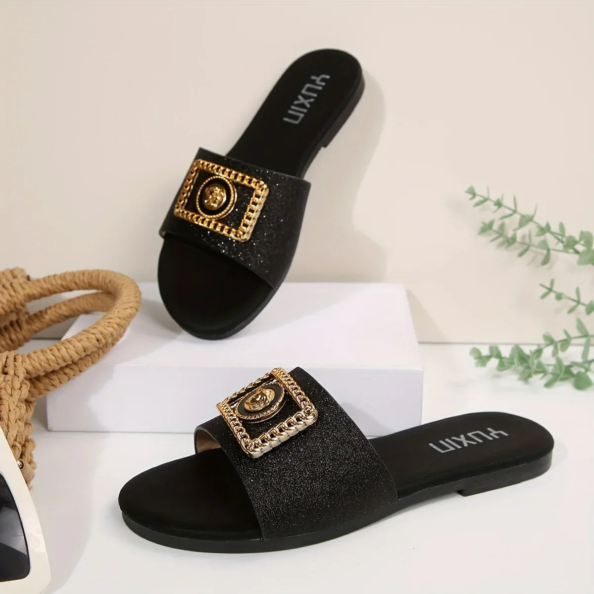 Women's Shoes New Fashion Slippers Classic Elegant Versatile Solid Color Metal Decoration Round Toe Flat Sandals LadyShow.Store