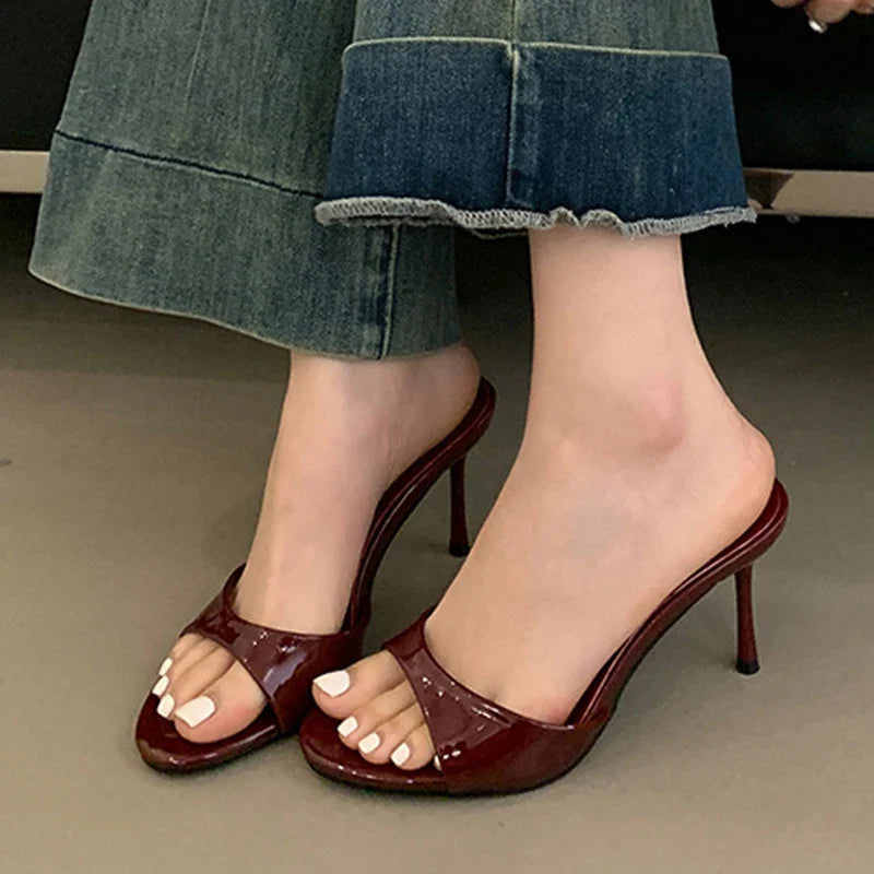 Liyke Wine Red Patent Leather Women Slippers Sandals Fashion Round Open Toe Thin High Heels Mules Slides Summer Party Dress Shoe LadyShow.Store