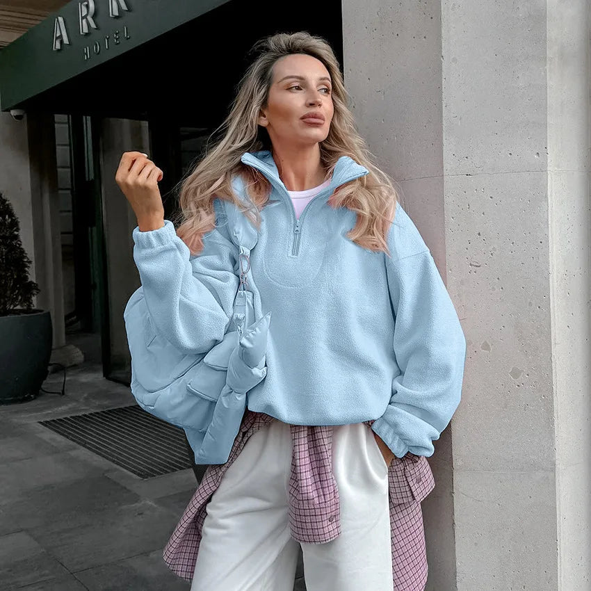 Women Autumn Winter Fleece Hoodies Elegant Stand Collar Zipper Loose Sweatshirt Elegant Solid Pullover Casual Top Streetwear LadyShow.Store