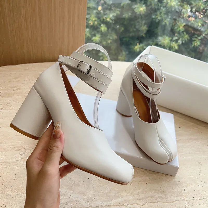 Ins style Vintage Soft Leather Split Toe Tabi Women Pumps Fashion Ankle Strap Thick High heels Spring Autumn Casual Chunky Shoes LadyShow.Store