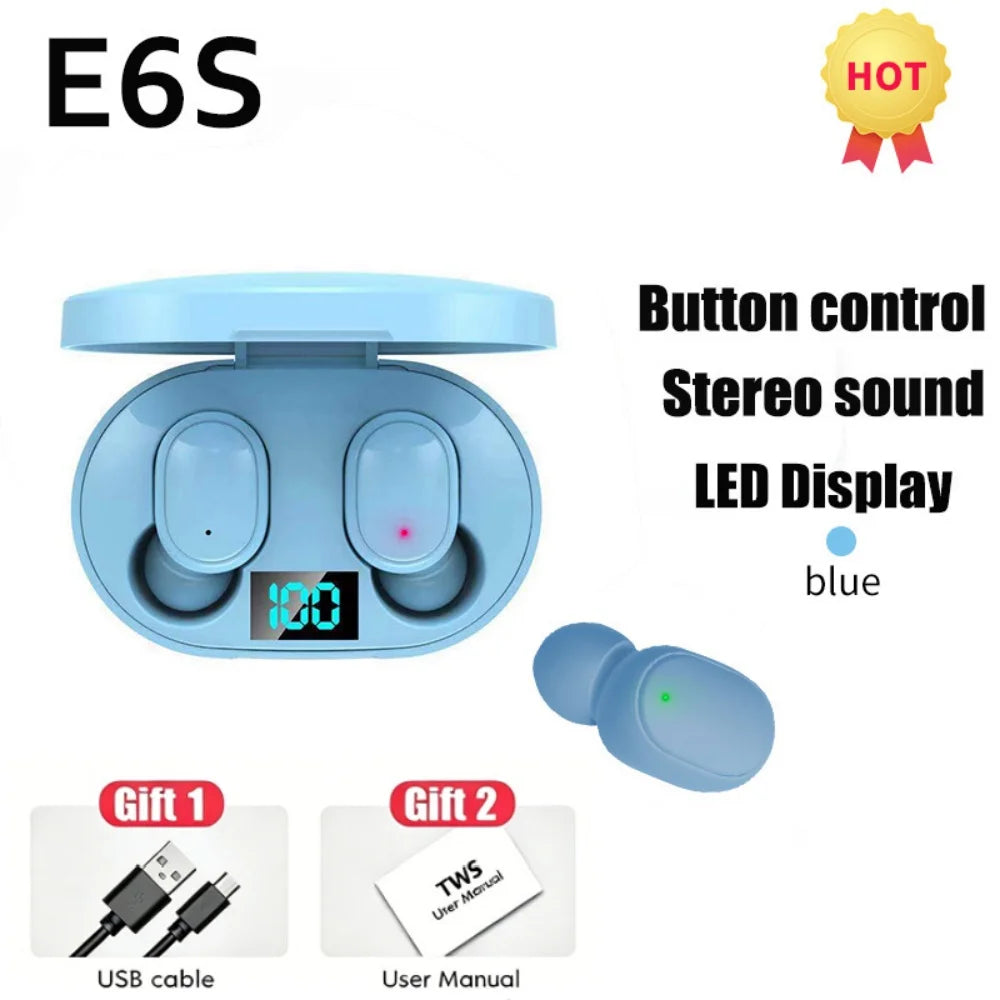 Digital Display Bluetooth Earphones with Mic TWS E6S Wireless Bluetooth Headset Noise Cancelling Headset for Xiaomi Huawei Oppo Pi-Mart